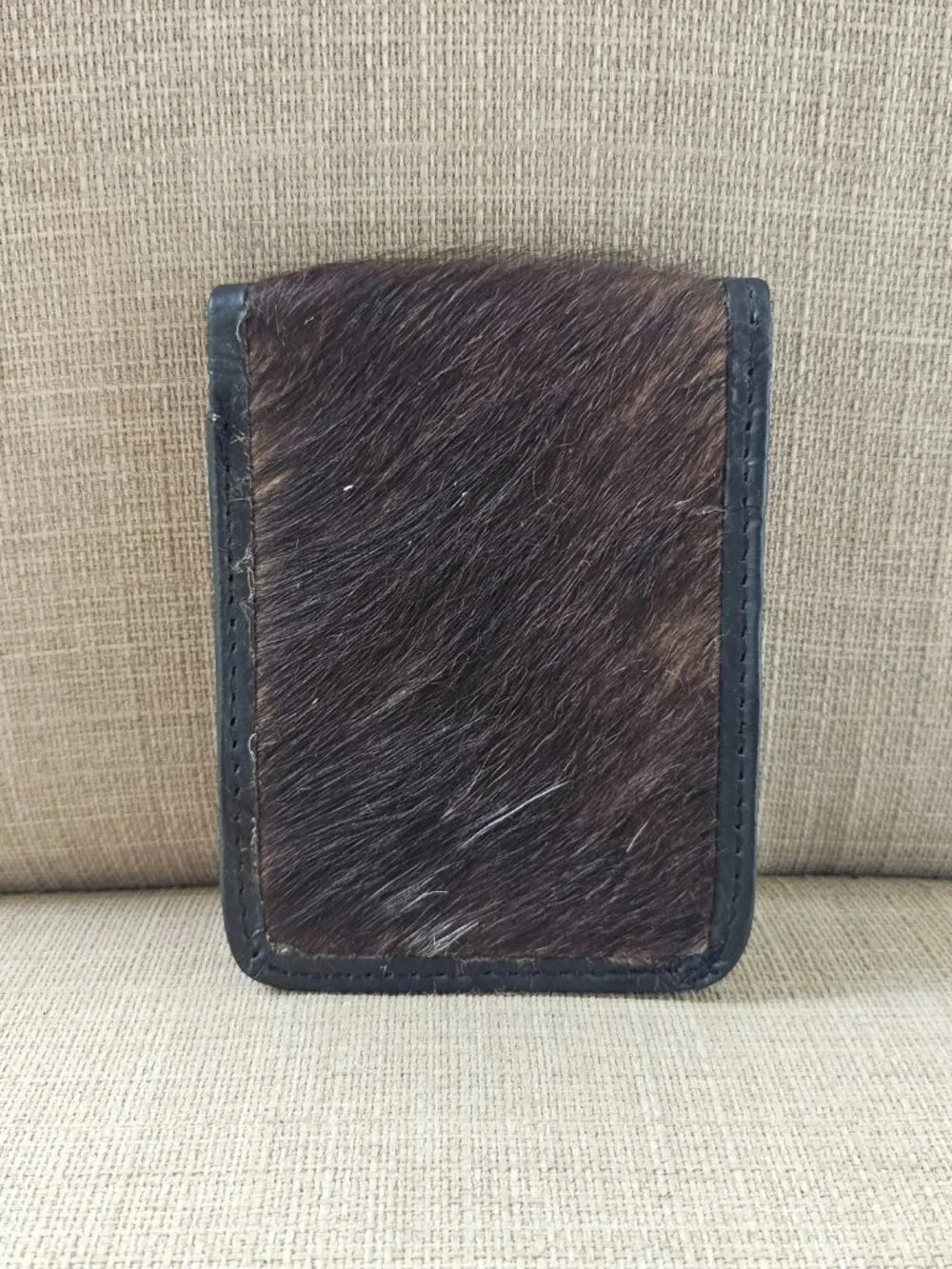 Fur Billfold Wallet Black Genuine Leather Real Fur Hair Cardholder Handmade